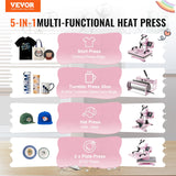 VEVOR Heat Press Machine 5 in 1 Combo with 30 OZ Tumbler Press & Hat Press, Slide Out 12x15 Inch Heat Press Sublimation Machine for T-Shirts, Hats Caps Tumblers Glass Cans Mugs, and Plates (Pink) VEVOR
