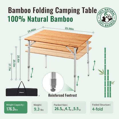 KingCamp Bamboo Folding Camping Table 4 Folds Lightweight with Adjustable Height Aluminum Legs Portable Camp Tables in Carry Bag for Indoor Outdoor Picnic Beach - WoodArtSupply