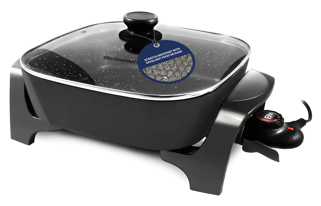 Elite Gourmet EG6201 Extra Deep 12"x12"x3.2" (7.5Qt.) Scratch Resistant Dishwasher Safe, Non-stick Electric Skillet with Glass Vented Lid, Adjustable Temperature, Black Elite Gourmet