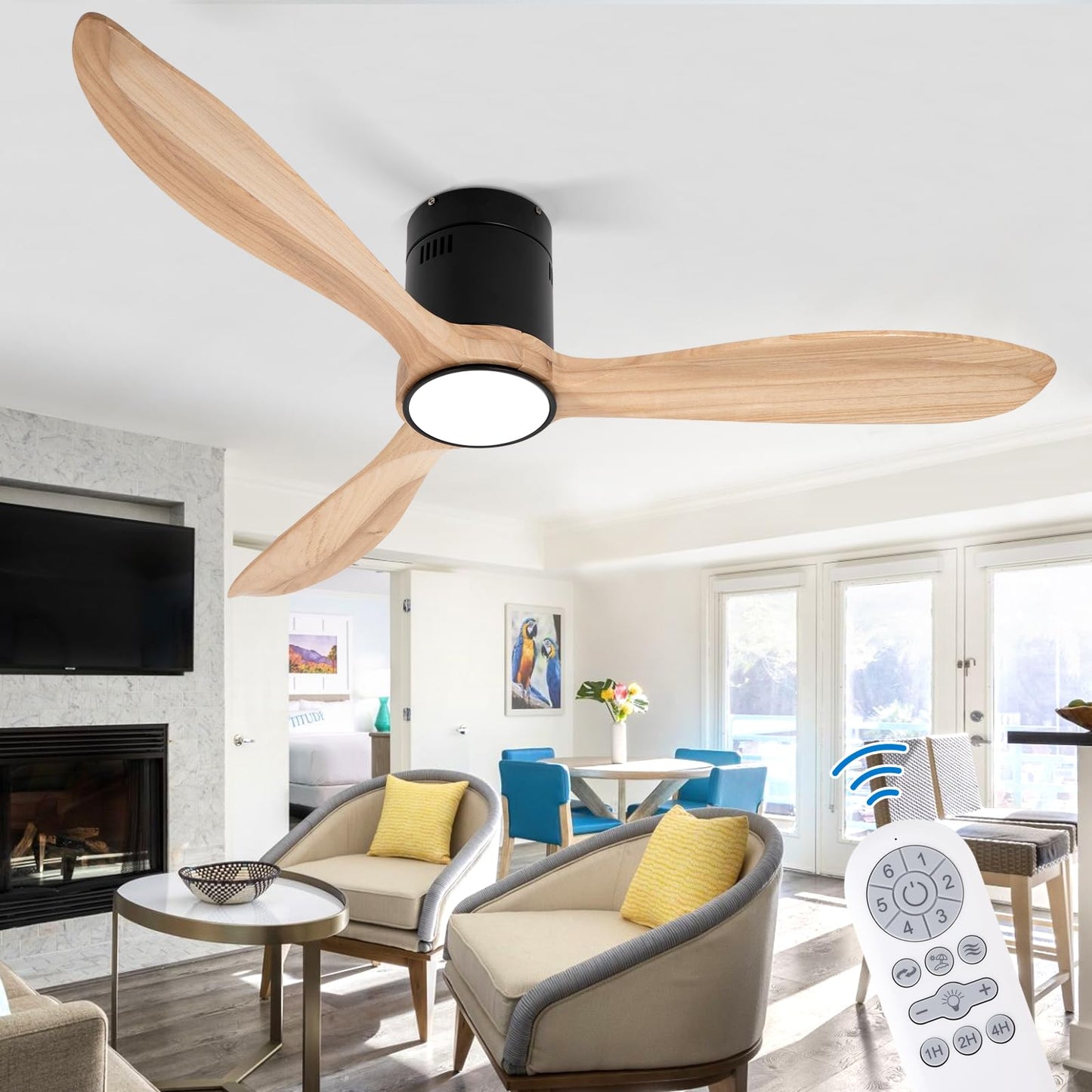 VACILL Flush Mount Ceiling Fan with Light,Low Profile Ceiling Fan,Wooden Fan Blades,6 Speed,LED Dimmable,DC Motor,52 inch,Natural Wood Blade - WoodArtSupply