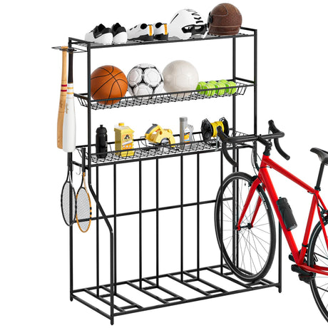 Kificet 4 Bike Stand, Bike Rack Garage with 3-Tier Storage Rack, Bicycle Stand for Garage Organizer, Indoor Sporting Gear Storage Station for Mountain/Road/Hybrid & Fat Tire Bike, Patent Pending Kificet