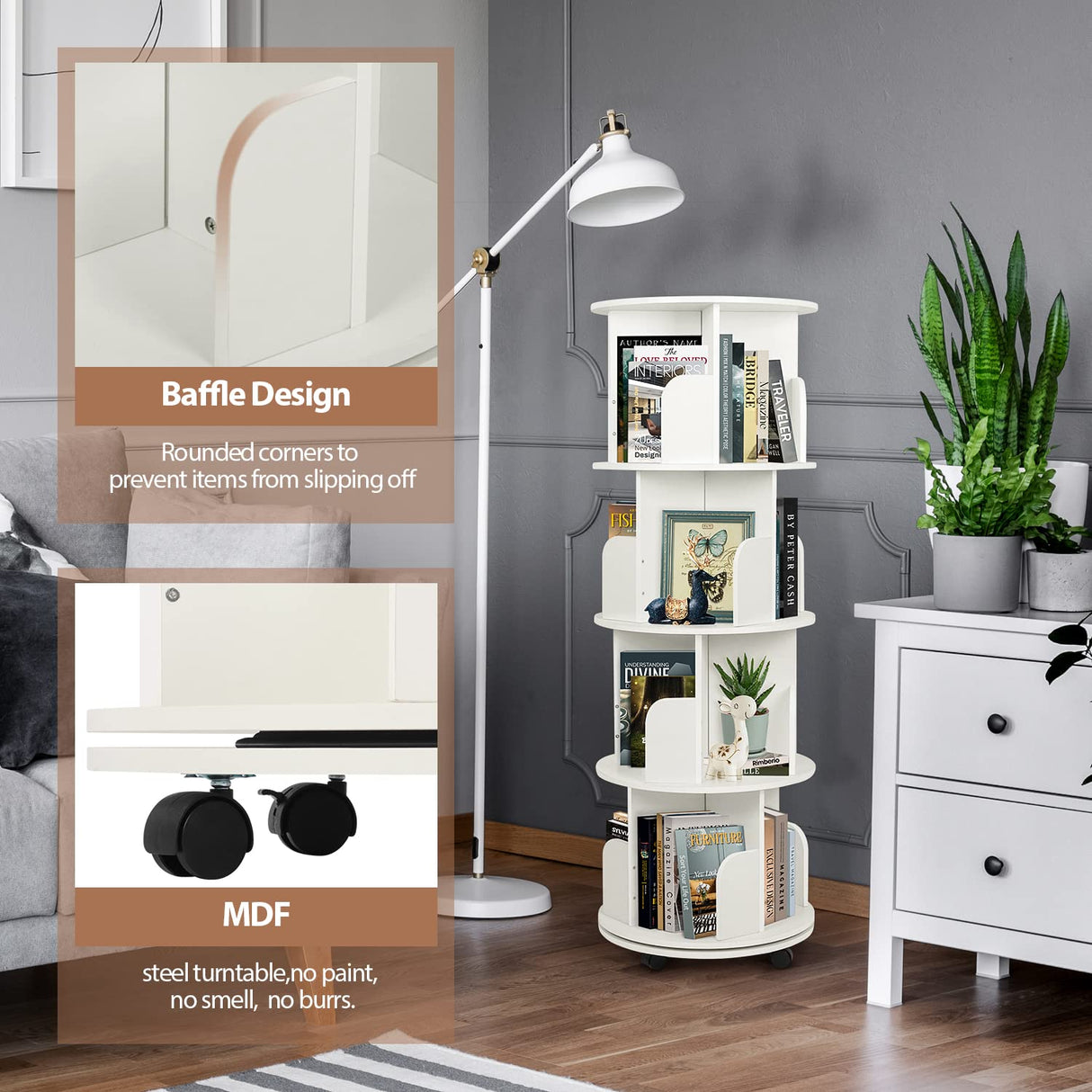 ybaymy 4-Tier 360° Revolving Bookshelf with Wheels - Modern White Floor Display Bookcase ybaymy