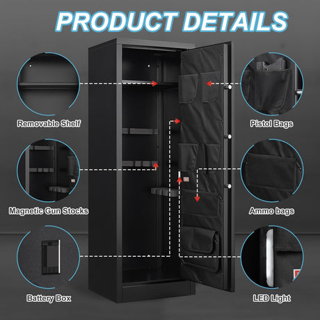 Marcree 8-10 Gun Safe, Digital Large Gun Cabinet for Rilfes and Shotguns, Rifle Safe with Removable Shelf, Shotgun Safes with Dual Alarm System&Mute Function, LED Light, Pistol Bags, Assemble Required Marcree