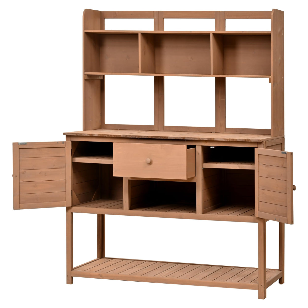 Merax Solid Fir Wood Potting Bench, Garden Workstation with Hutch, Drawer & Adjustable Shelves, Outdoor Work Table for Backyard Planting, Brown Merax