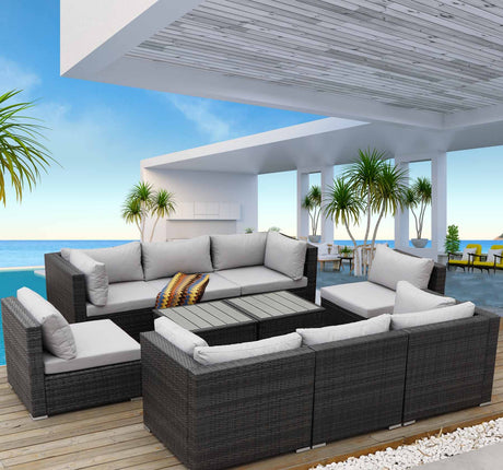NICESOUL® 10 Pieces Large Size PE Rattan Outdoor Patio Furniture Sectional Sofa Sets with Side Tables Outdoor Wicker Conversation Sets Modern Luxury 29.3'' High Back Gray NICESOUL