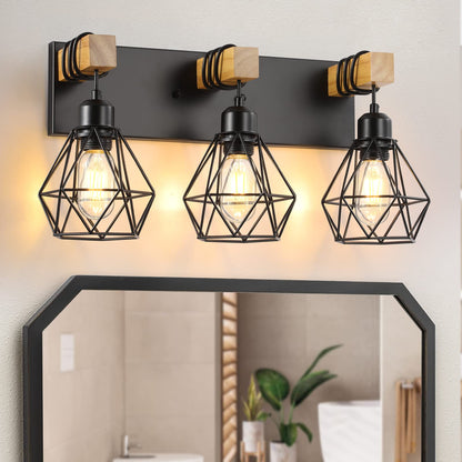 Farmhouse Bathroom Vanity Light Fixtures, 3-Light Wood Bathroom Light Fixtures Over Mirror, Rustic Sconces Wall Lighting with Elegant Metal Lampshade for Living Room, Bedroom, Hallway - WoodArtSupply