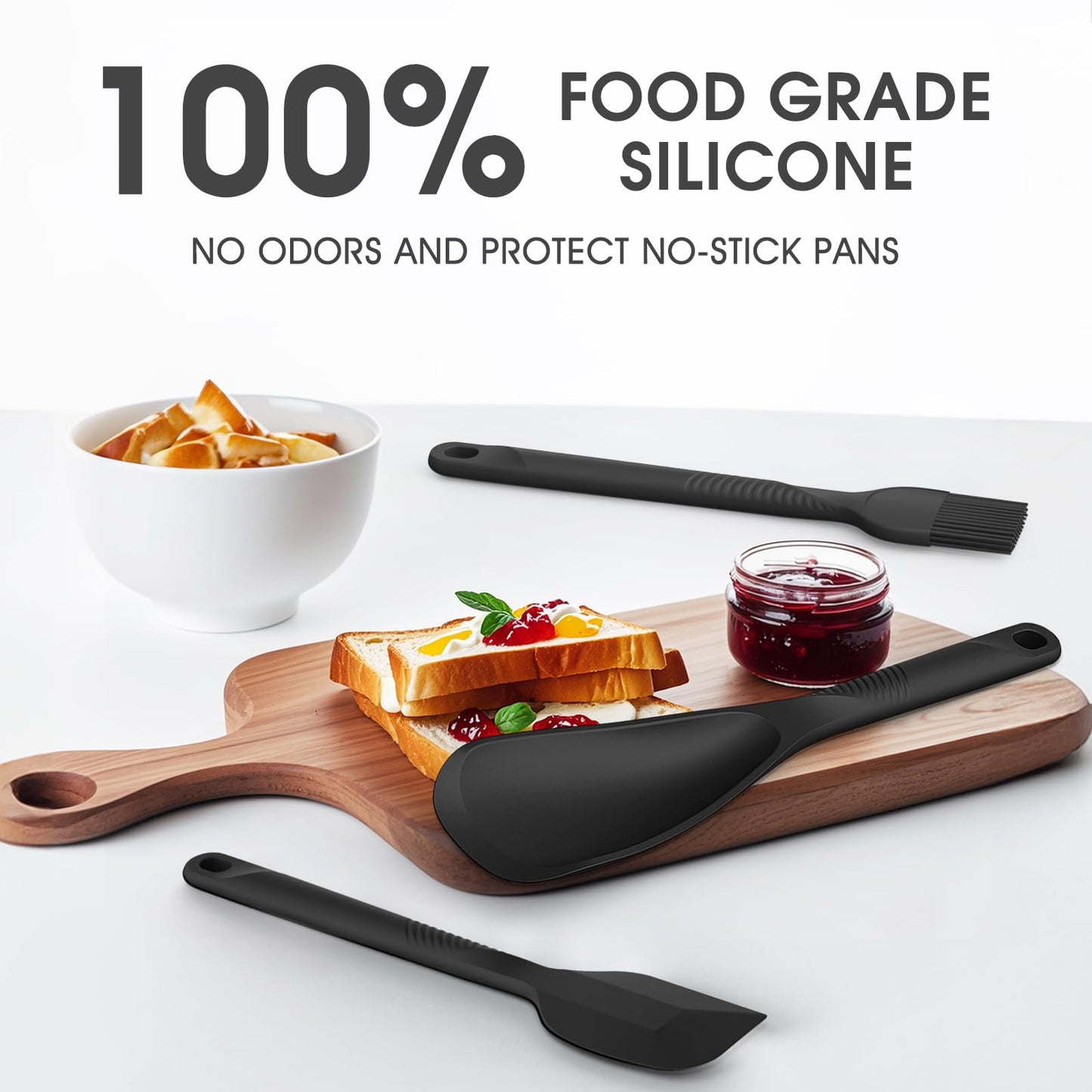 Silicone Cooking Utensils Set - 600°F Heat Resistant, Nonstick Kitchen Utensil Set with Spatulas, Spoons, Whisk, Tongs, BPA Free, Dishwasher Safe, Black