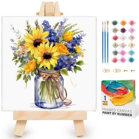 Yezavesu Flower Framed Paint by Numbers Kit for Adults Beginner & Kids Ages 8-12, Flowers Paint by Number Without Easel, DIY Adult Paint by Numbers Sunflower for Home Wall Decor Gift 10x 10 inch Yezavesu