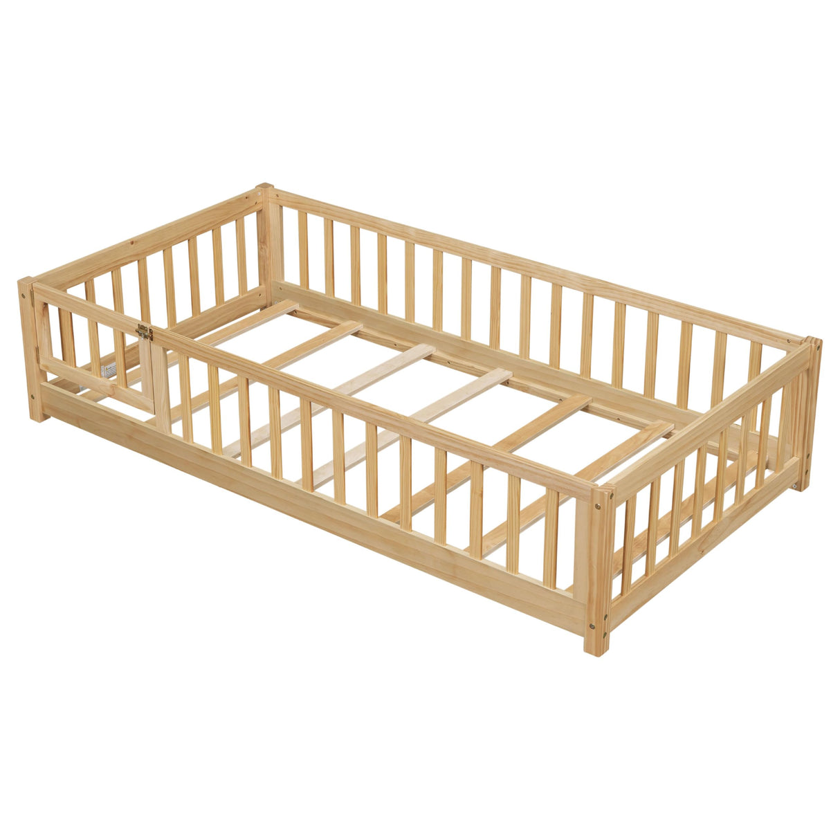 PVWIIK Montessori Twin Size Floor Bed Frame with Convertible Door,Wood Slats for Kids,Wood Montessori Bed w/Safety Guardrails for Girls & Boys,Natural PVWIIK