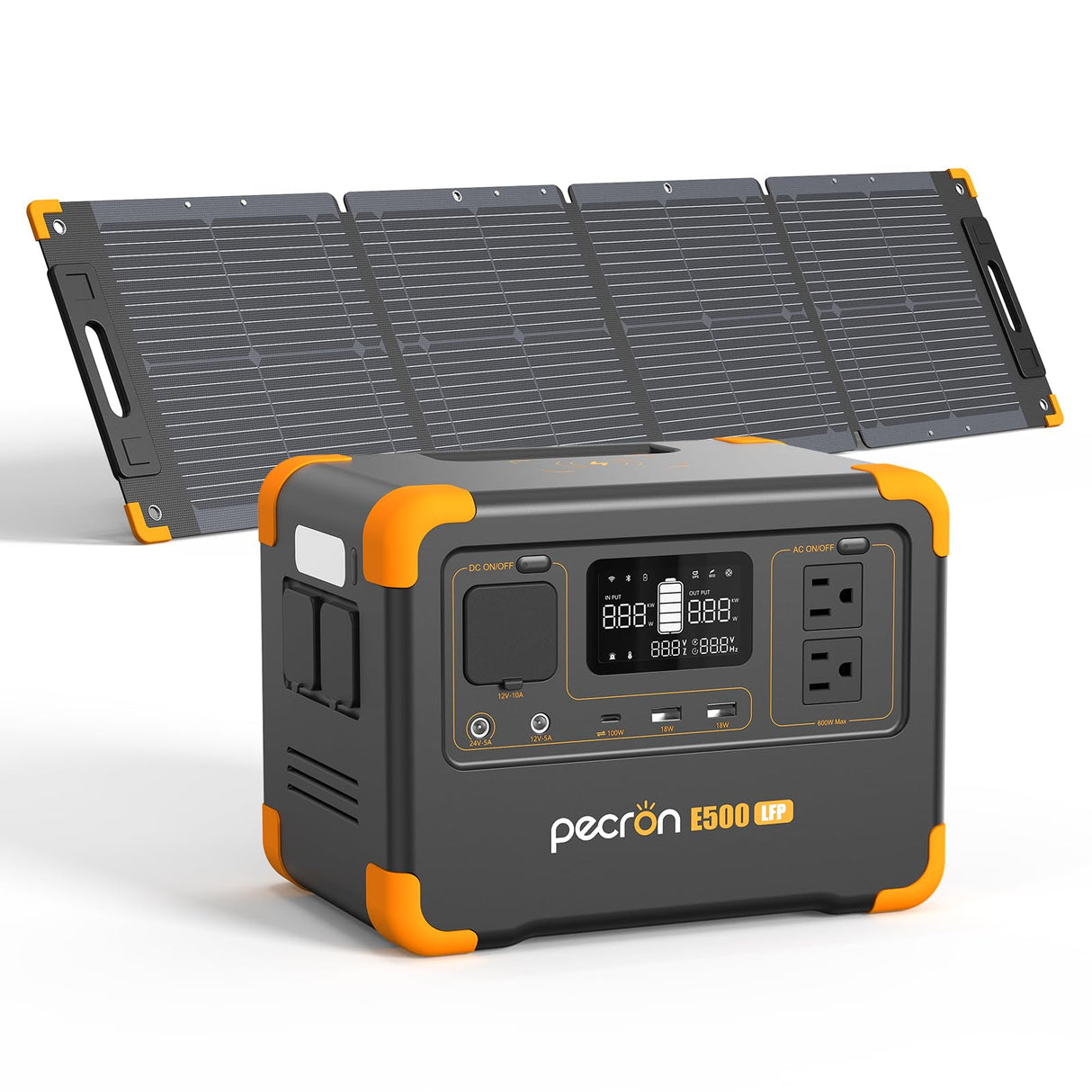 Pecron E500LFP Solar Generator with 100W Solar Panel, 576Wh LiFePO4 Battery, 2x600W AC Outlets Power Station, Fast Charging Portable Power Station for Home Use, RV, Camping, CPAP, Emergencies pecron