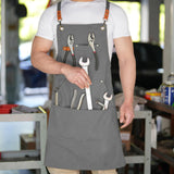 Aoomzoon Canvas Aprons for Men Chef Apron, Work Apron with Large Pockets - Durable 16oz Heavy Duty Cross Back, BBQ, Cooking (Gray, 1 Pack) Aoomzoon