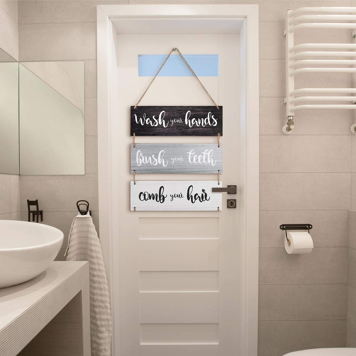 Jetec Bathroom Wall Decor Bath Rules Wall Art Sign Family Hanging Funny Wooden Hanging Sign Rustic Wood Decor for Home Bedroom Outdoor(Simple Pattern,Black, White, Gray) Jetec