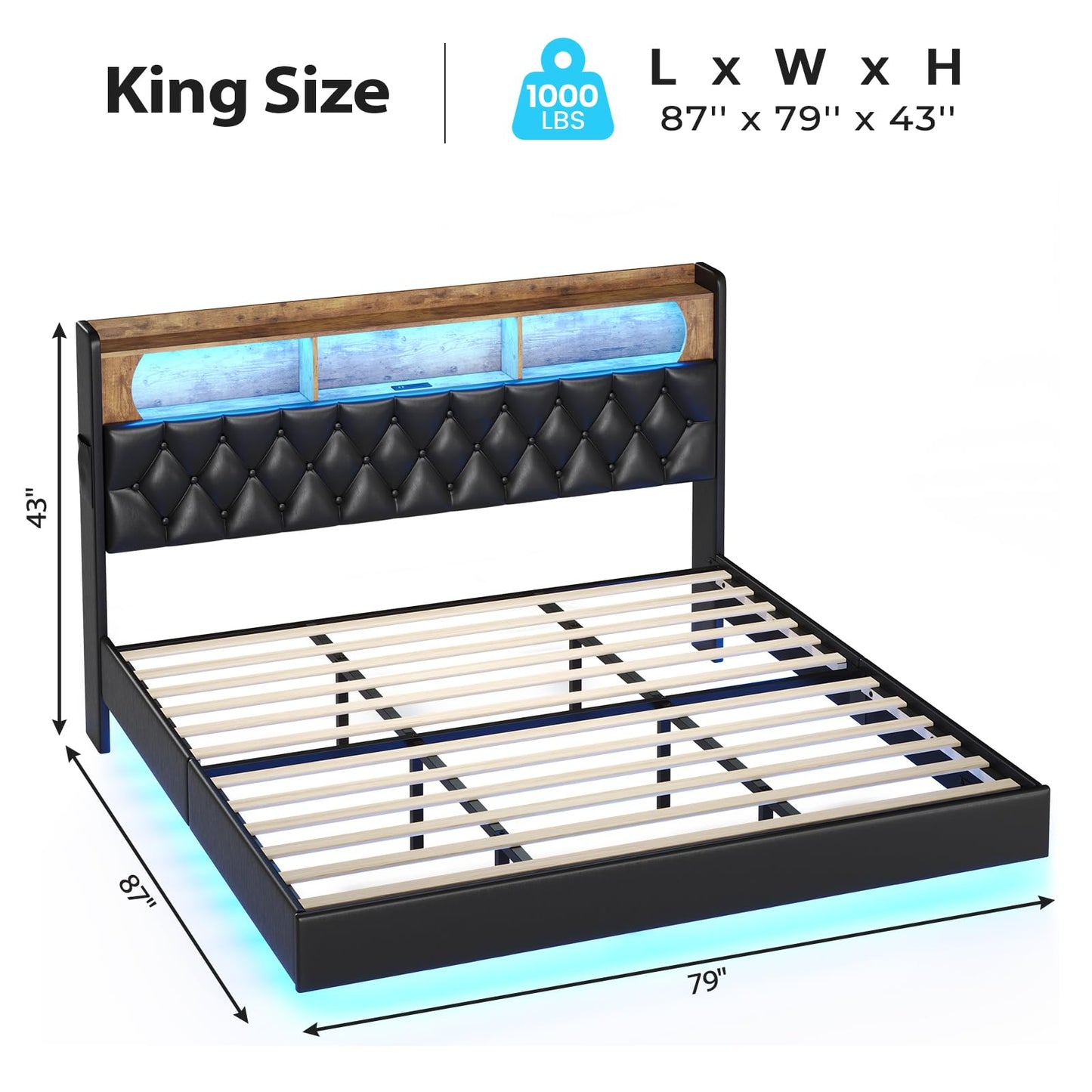 BTHFST King Floating Bed Frame with LED Lights and Storage Headboard - WoodArtSupply