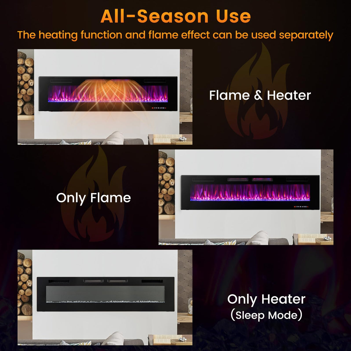 COSTWAY Ultra-Thin Electric Fireplace 72-inch Wide, 750W/1500W Wall-Mounted and Recessed Fireplace Heater with 12 Flame and Flame Bed Color, Remote and Smart APP Control, Decorative Crystal Included COSTWAY