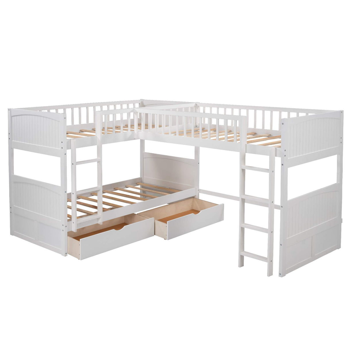 P PURLOVE L-Shaped Triple Bunk Bed for 3,Twin Over Twin &Twin Wood Triple Bed with 2 Drawers and 2 Ladders for Kids, Teens,Adults,White P PURLOVE