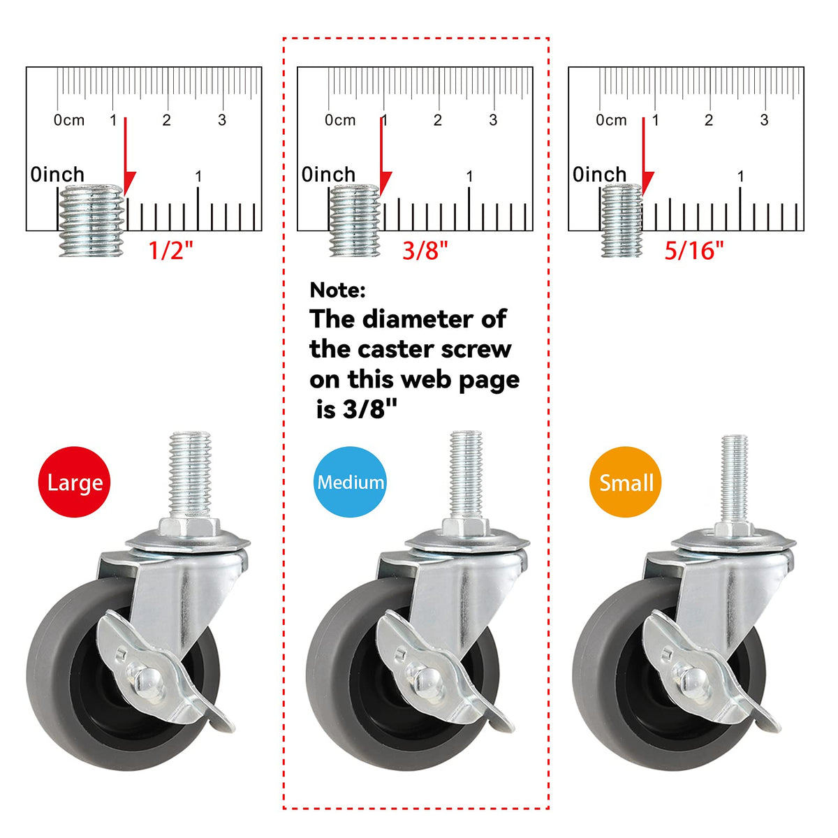 WHARSTM Caster Wheels, 3" Locking Swivel Stem Casters Set with Brake of 4, 3/8"-16 x 1" (Screw Diameter 3/8", Length 1")Rubber Casters with 360 Degree No Noise Wheels WHARSTM