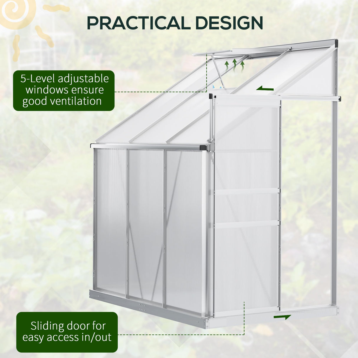 Outsunny 6' x 4' Aluminum Lean-to Greenhouse Polycarbonate Walk-in Garden Greenhouse with Adjustable Roof Vent, Rain Gutter and Sliding Door for Winter, Clear Outsunny