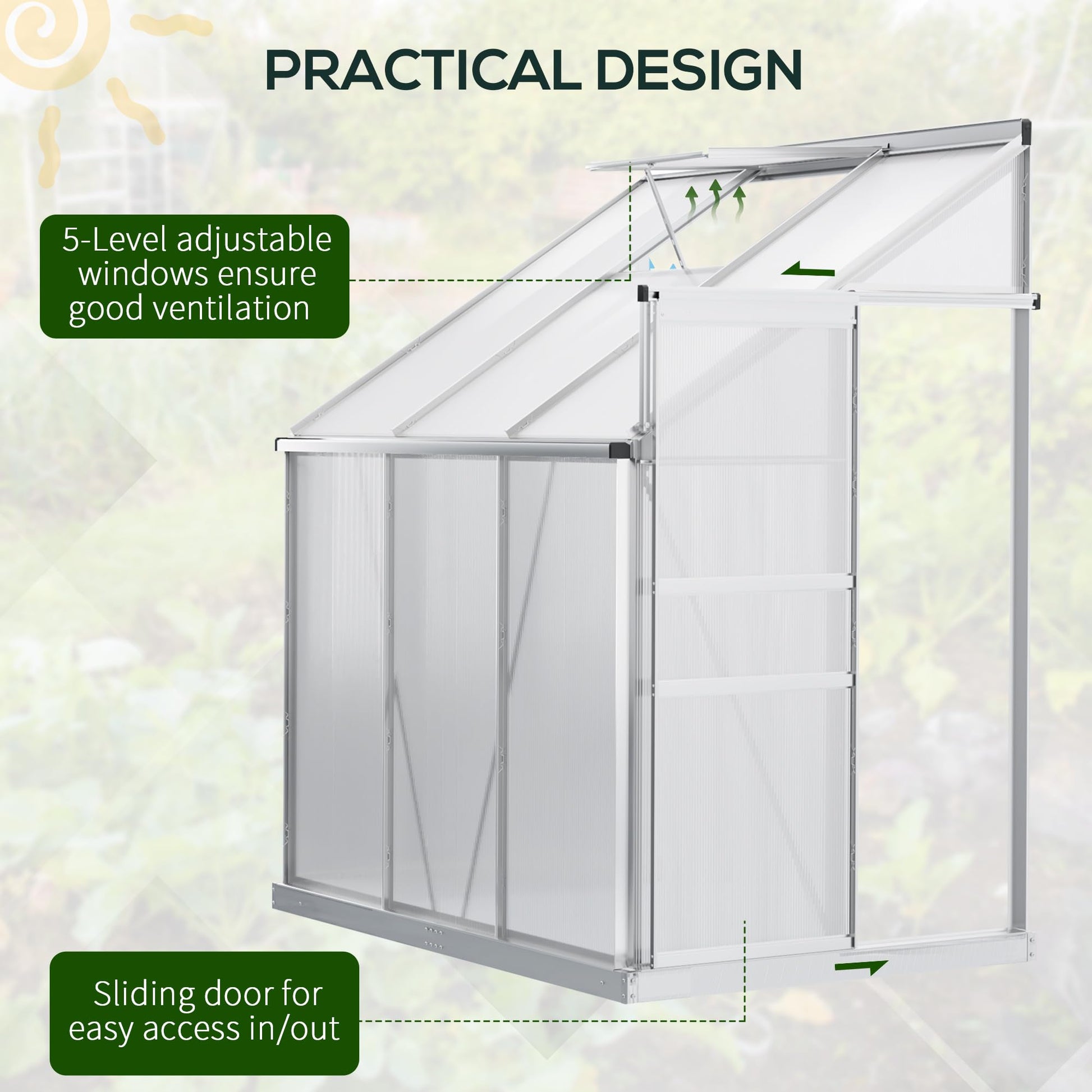 Outsunny 6' x 4' Aluminum Lean-to Greenhouse Polycarbonate Walk-in Garden Greenhouse with Adjustable Roof Vent, Rain Gutter and Sliding Door for Winter, Clear - WoodArtSupply