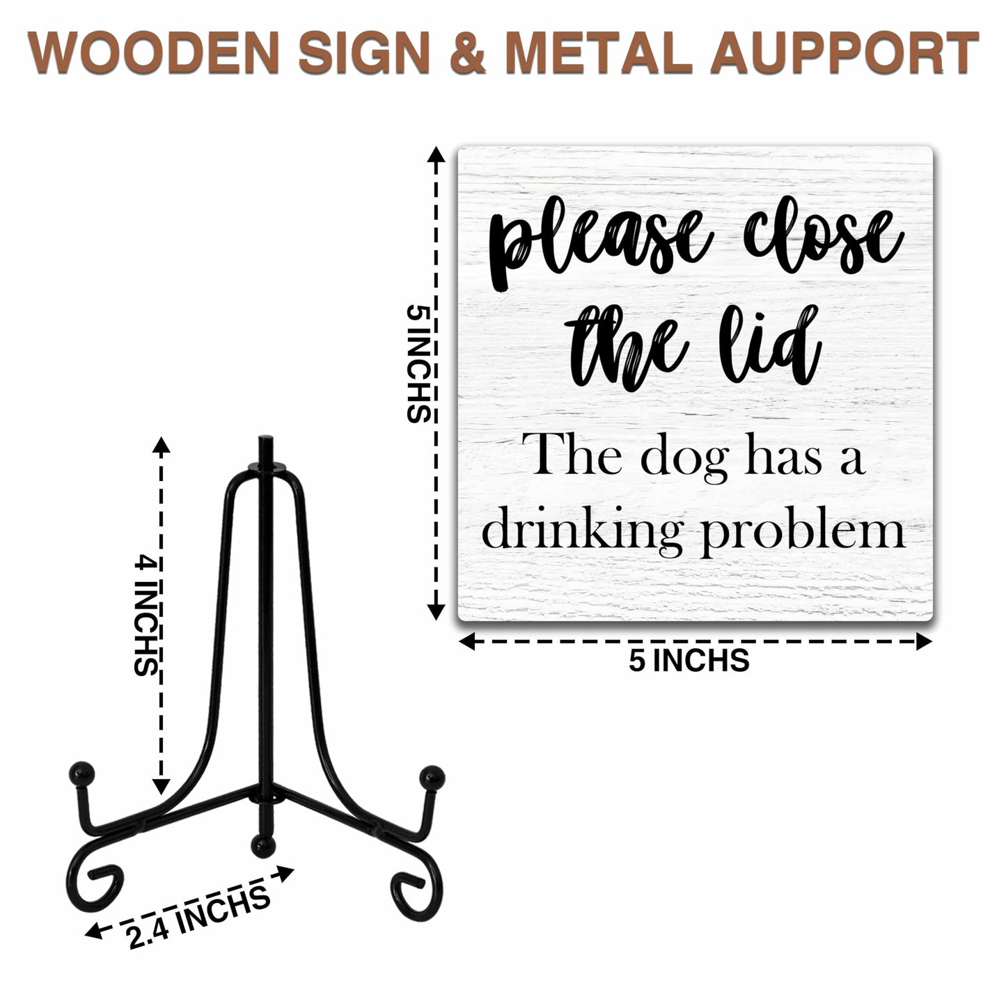 Funny Wooden Sign Gifts, Please Close The Lid Wood Plaque With An Metal Stand, Funny Dog Bathroom Wooden Sign for Home Office Restroom Toilet Shelf Table Decor-D08 - WoodArtSupply