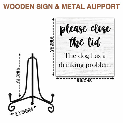 Funny Wooden Sign Gifts, Please Close The Lid Wood Plaque With An Metal Stand, Funny Dog Bathroom Wooden Sign for Home Office Restroom Toilet Shelf Table Decor-D08 - WoodArtSupply