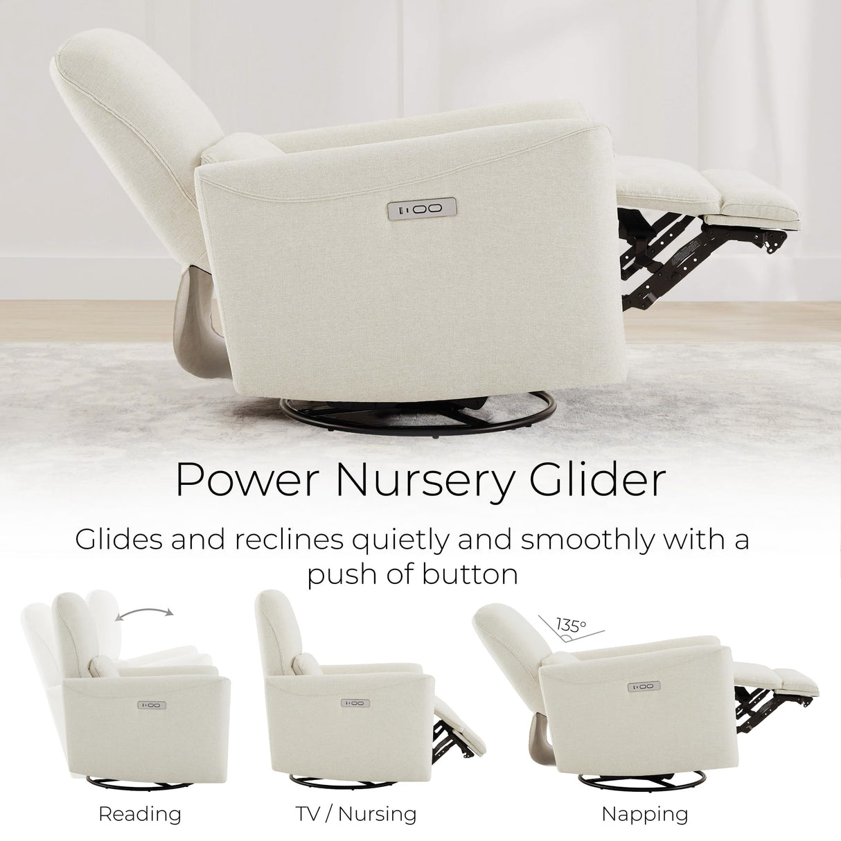 CHITA Power Recliner Chair Swivel Glider, FSC Certified Upholstered Living Room Nursery Reclining Sofa Chair with Lumbar Support, Linen CHITA