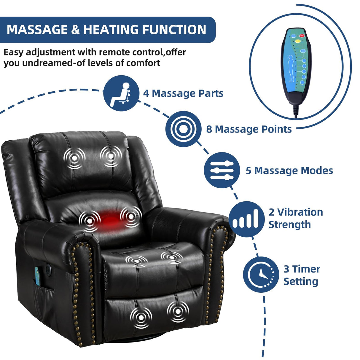 SOCIALCOMFY Swivel Rocker Recliner Chair with Heat and Vibration, 360° Swivel Glider Rocker Manual Reclining Chair, Massage Rocking Recliners with Side Pockets & USB Ports for Living Room, Black SOCIALCOMFY