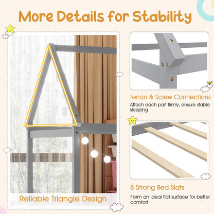 Giantex Twin House Bed Frame - Montessori-Inspired Wood Bed with Canopy Design for Kids and Teens in Grey