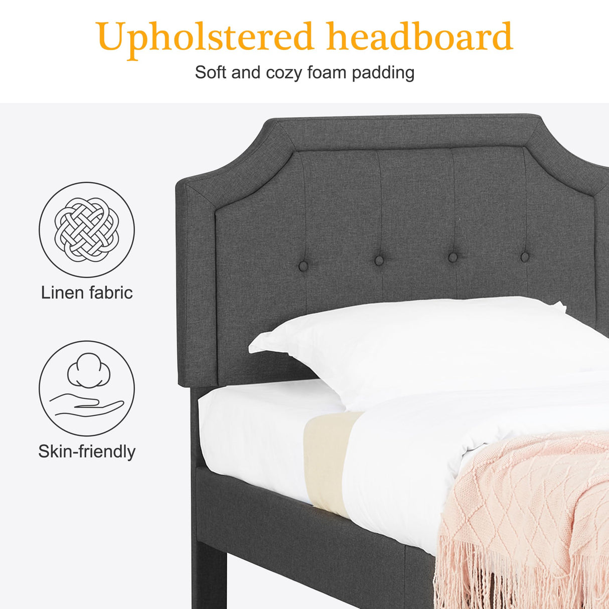 VECELO Twin Size Platform Bed Frame with Fabric Upholstered Headboard and Wooden Slats Support, No Box Spring Needed/Easy Assembly,Grey VECELO