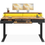 OffiGo Electric Standing Desk with Drawers & Keyboard Tray, 63 Inch Height Adjustable Desk with Power Outlets & LED Lights, Sit Stand Table with Monitor Stand for Home, Office, Rustic Brown OffiGo