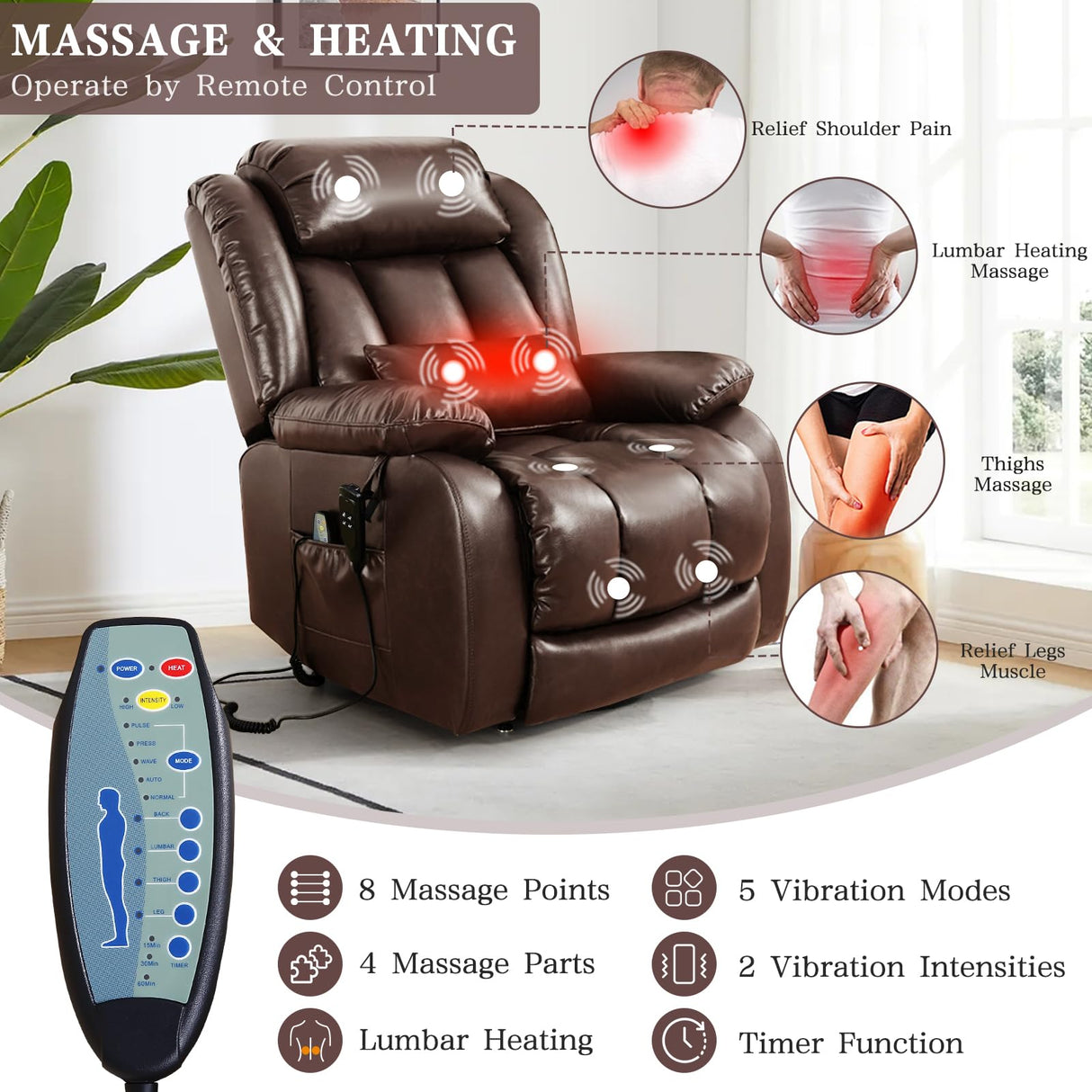 Infinite Position Lay Flat Lift Recliner Chair for Adults, Dual Motor Power Lift Chair for Elderly with Massage & Heating, Extended Footrest, USB Ports, Remote Control & Lumbar Pillow, Leather (Brown) RESTREAL