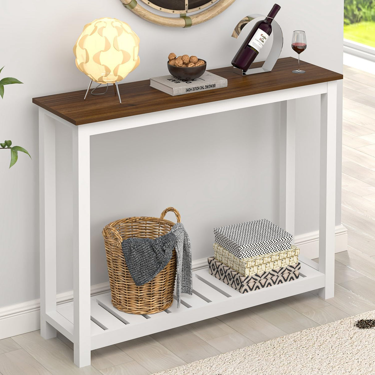 FOLUBAN Farmhouse Console Table for Entryway, Rustic Narrow Sofa Table for Living Room, Hallway, Entrance, 40 Inch, Vintage White & Walnut FOLUBAN