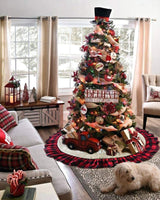 AISENO 48 Inch Christmas Tree Skirt Linen Burlap Buffalo Plaid Edge Decoration for Merry Christmas Party Red and Black Buffalo Christmas Tree Skirt Decorations AISENO