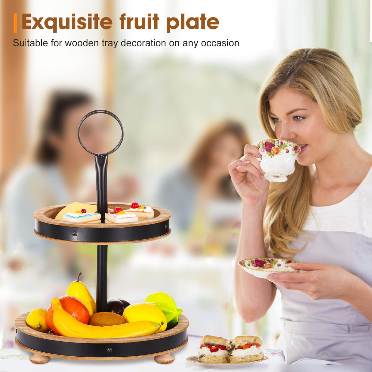 Urban Deco Wood Tiered Tray, 2-Tiered Tray Decorative Dessert Stand, Farmhouse 2 Tier Serving Tray with Metal Handle, Fruits Display Tray for Kitchen Counter, Living Room Table Urban Deco