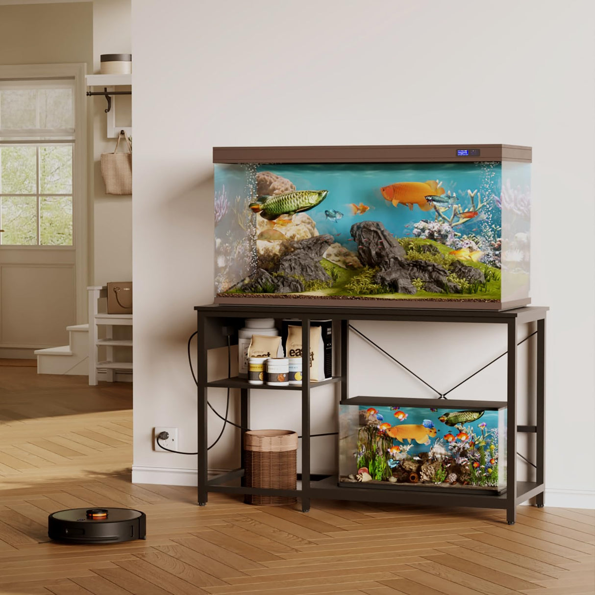 BEURUKU 55-75 Gallon Fish Tank Stand with Power Outlet & LED Light, Metal Aquarium Stand with 3 Tier Adjustable Storage Shelves, Tank Stand for Reptile Tank, Turtle Tank, 52" L*19.5" W, Black BEURUKU