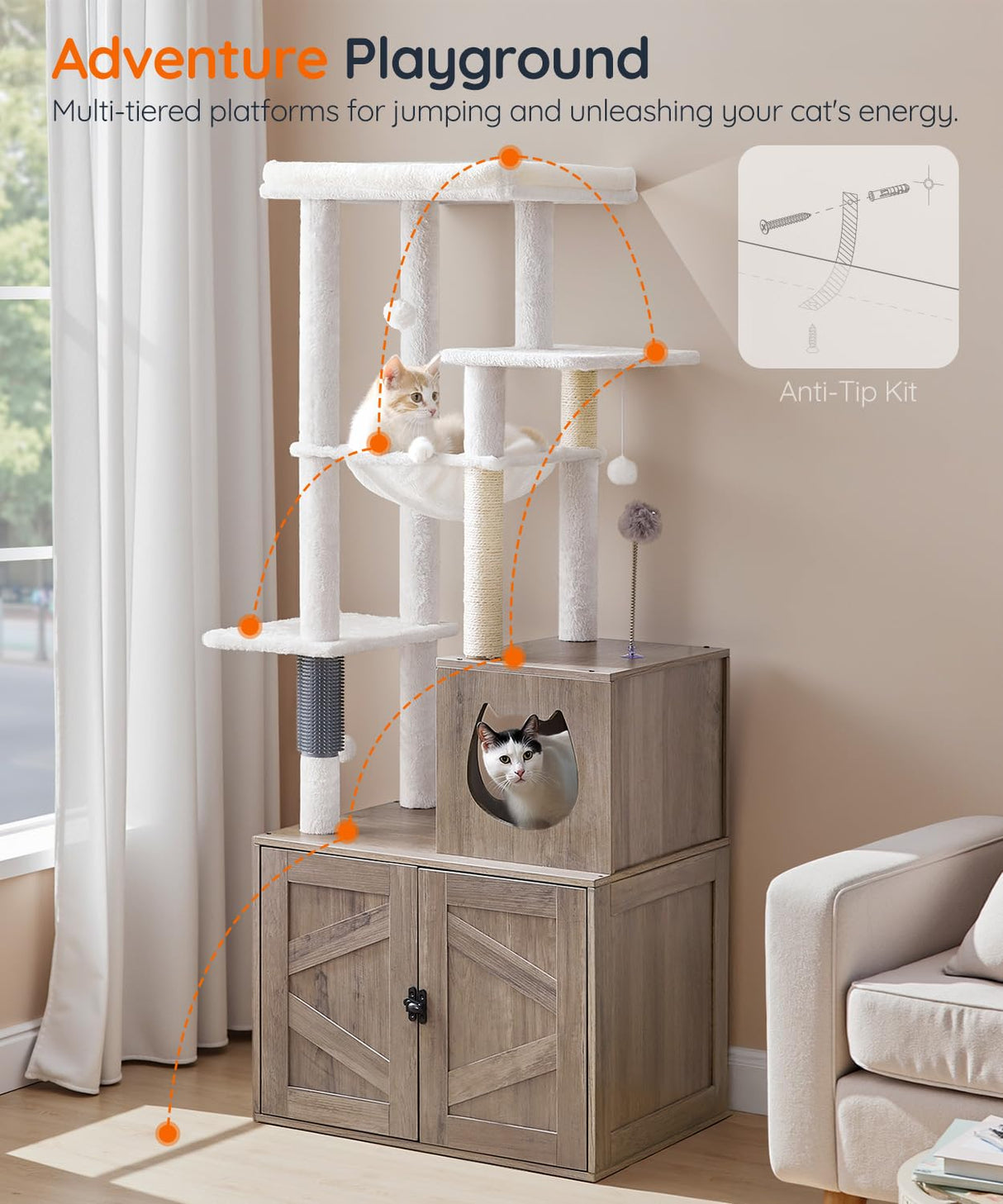HOOBRO Cat Tree with Litter Box Enclosure, Tall Cat Tower for Indoor Cats, All-in-One Modern Cat Condo, Hidden Litter Box Enclosure Furniture, with Cat House, Sisal Posts, Greige and White BG51MZ03 HOOBRO