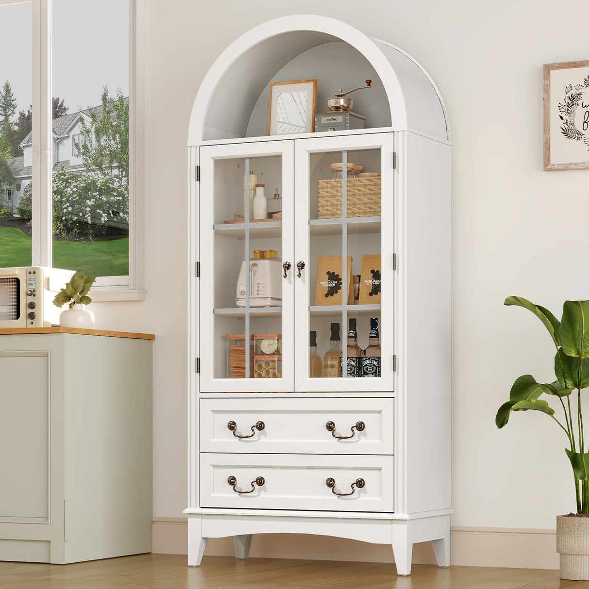 RALGEND 71'' Tall Arched Pantry Cabinet, Farmhouse Kitchen Pantry Cabinet with Glass Doors, Adjustable Shelves and 2 Large Drawers, Versatile Cupboard for Kitchen, Dining Room, White RALGEND