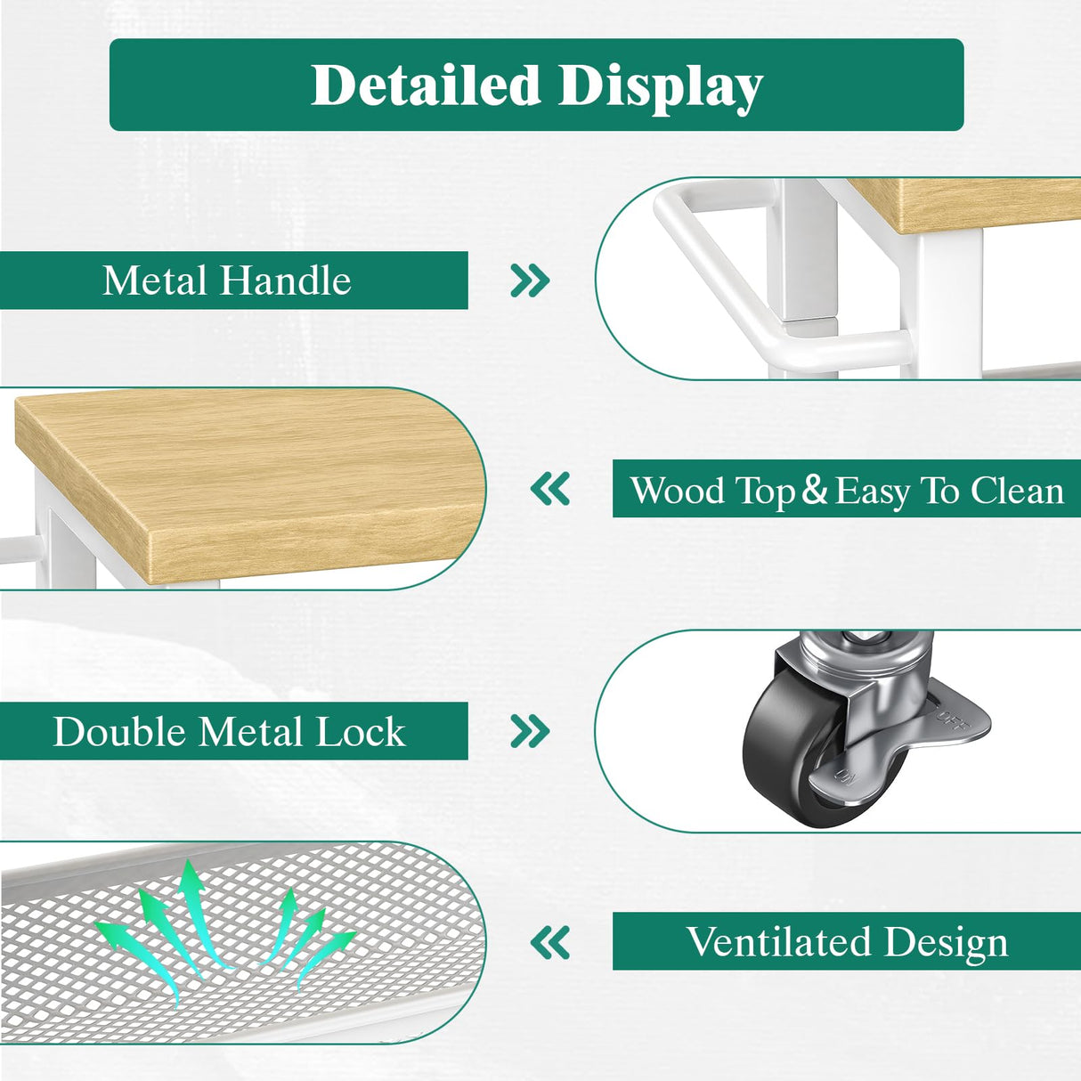 Giwil Slim Rolling Storage Cart 4 Tier Bathroom Organizer Mobile Shelving Unit Utility Cart with Wood Top and Handle for Kitchen Laundry Narrow Places, White Giwil