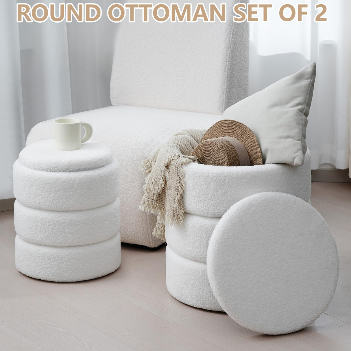 oakvivo Round Ottoman with Storage Set of 2, Soft Teddy Velvet Upholstered Foot Stool Vanity Chairs, Support 330lbs Padded Seat Multifunctional Ottomans Footrest, Foot Rest for Living Room, White oakvivo