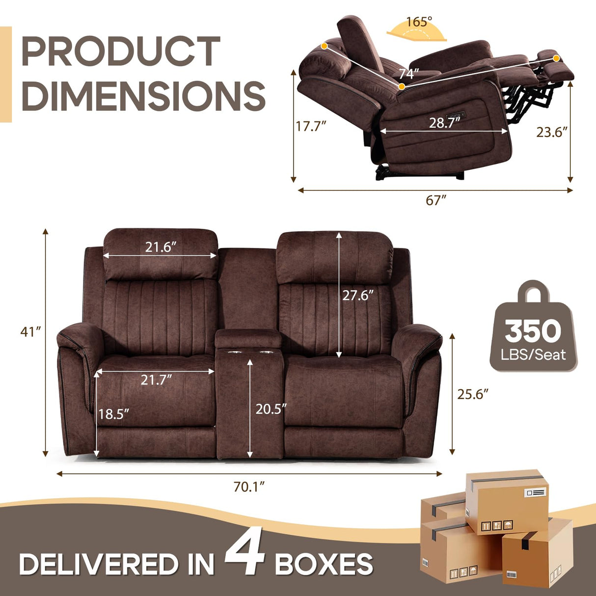 Zero Gravity Power Reclining Loveseat Sofa with Adjustable Headrests, Power Loveseat Recliner with Console, Electric 2-Seater Recliner Couch with Charging Port for Living Room (Velvet, Brown) CALIVIA