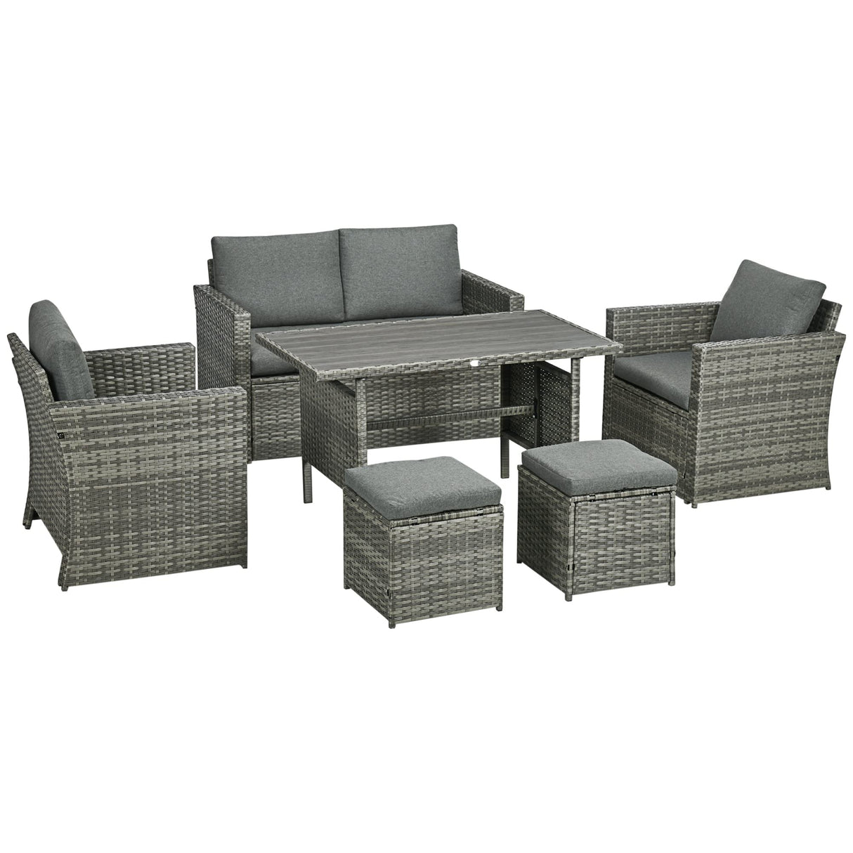 Outsunny 6 Piece Patio Dining Set, PE Rattan Furniture Set with 2 Chairs Cushions & Outdoor Loveseat Sofa, Woodgrain Slatted Dinner Table, Gray Outsunny