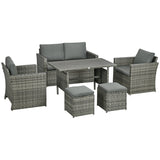 Outsunny 6 Piece Patio Dining Set, PE Rattan Furniture Set with 2 Chairs Cushions & Outdoor Loveseat Sofa, Woodgrain Slatted Dinner Table, Gray Outsunny