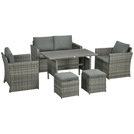 Outsunny 6 Piece Patio Dining Set, PE Rattan Furniture Set with 2 Chairs Cushions & Outdoor Loveseat Sofa, Woodgrain Slatted Dinner Table, Gray Outsunny