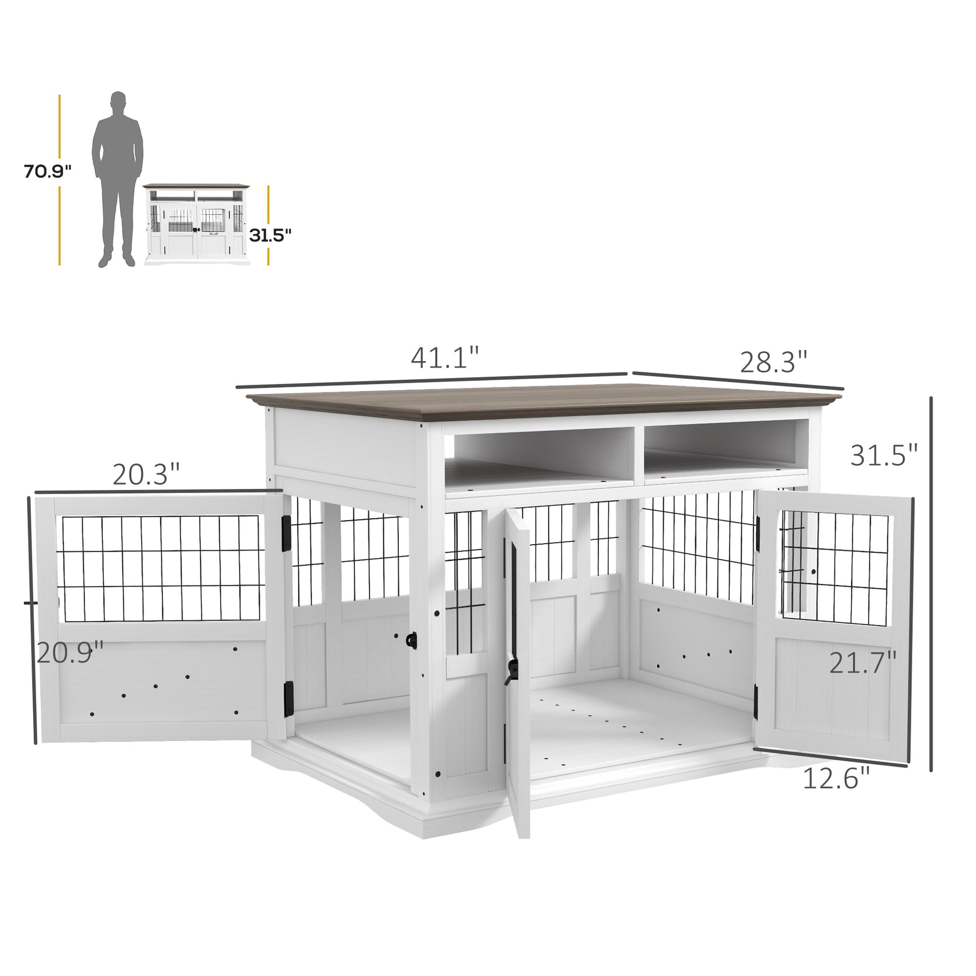 PawHut Dog Crate Furniture Side End Table with Storage, 41" Modern Wooden Dog Kennel Furniture with Double Doors for Small and Medium Dogs, White - WoodArtSupply