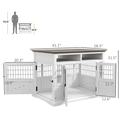 PawHut Dog Crate Furniture Side End Table with Storage, 41" Modern Wooden Dog Kennel Furniture with Double Doors for Small and Medium Dogs, White - WoodArtSupply