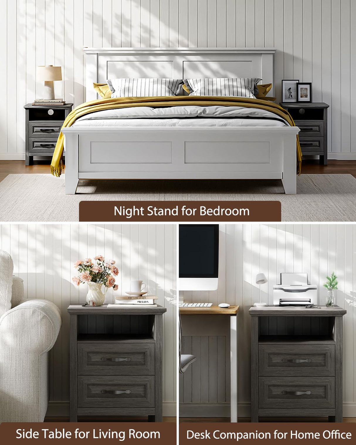 Amada Farmhouse Nightstand with Charging Station, 18.9 Inch Wide Bedside Table with 2 Drawers, USB A Port, USB C Port, 2 AC Outlets, Rustic Farmhouse End Table for Bedroom, Gray AMADA HOMEFURNISHING