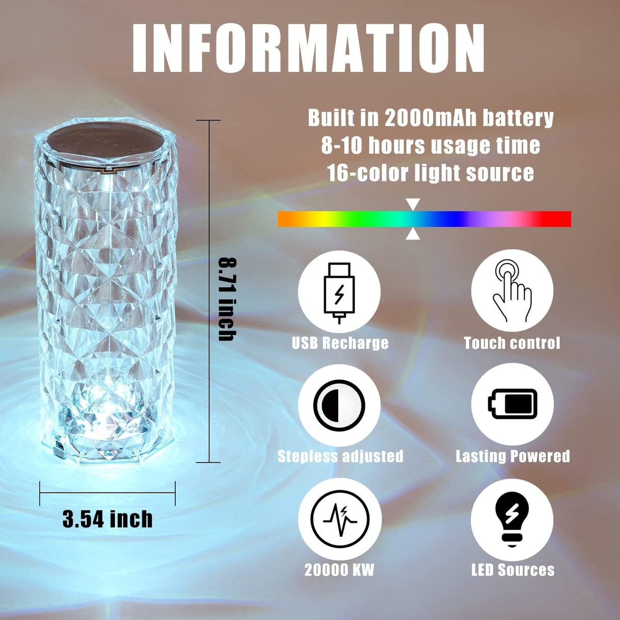 BGFHome Crystal Table Lamp RGB Color Changing Night Light ，Romantic LED Rose Diamond Touch Lamps for Living Room (Remote & Touch BGFHome