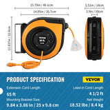 VEVOR Retractable Extension Cord Reel, 65 FT Heavy Duty 12AWG/3C SJTOW Power Cord, with Lighted Triple Tap Outlet, 15 Amp Circuit Breaker, 180° Swivel Bracket for Ceiling or Wall Mount VEVOR