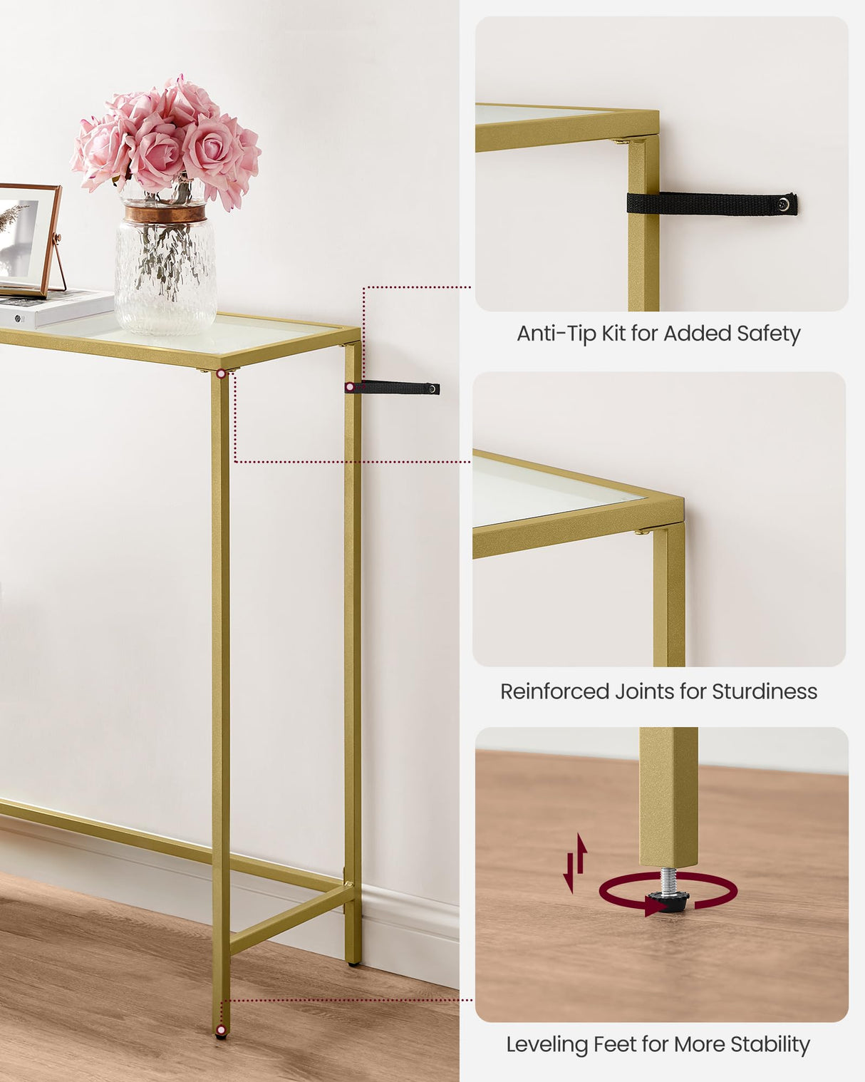 VASAGLE Entryway Table, Console Table, Tempered Glass Tabletop, Modern Sofa Table, Easy Assembly, with Adjustable Feet, for Living Room, Entryway, Pale Gold and Transparent ULGT132A01 VASAGLE