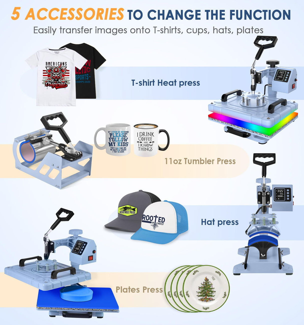 Slendor 5 in 1 Heat Press Machine 12x15 Inch T-Shirt Pressing Machine 360° Swing Away Sublimation Heat Press Digital Heat Transfer with 11OZ Tumbler Press, Multifunction Combo for Hat Cap Mug Plate Slendor