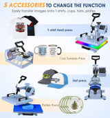 Slendor 5 in 1 Heat Press Machine 12x15 Inch T-Shirt Pressing Machine 360° Swing Away Sublimation Heat Press Digital Heat Transfer with 11OZ Tumbler Press, Multifunction Combo for Hat Cap Mug Plate Slendor